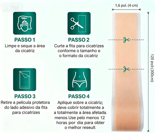 Folhas de silicone premium para cicatrizes, tamanho 1, rolo de 3 metros. Reutilizáveis, eficazes para a remoção de cicatrizes cirúrgicas, queloides, cesarianas e abdominoplastias. Não irritantes, flexíveis, respiráveis e confortáveis no tratamento de cicatrizes.