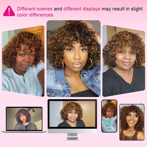 Water Wave Wigs With Bangs Wear And Go 12 Inch Short Curly 200% Density Thick Human Hair Full Machine Wig - Jerry Curly Wig with Bangs, Glueless For Women