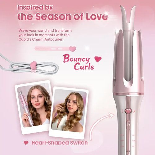 SHEGLAM curler, three temperature settings, dual-direction rotation, compatible with multiple voltages, GlossPro ceramic coating technology for minimal damage to hair, touch-sensitive control, quick curls