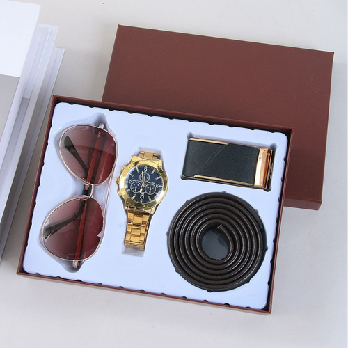 Kit Luxo 4 Peças para Homem - Óculos Aviador,Cinto + Fivela,Relógio Aço Dourado | Conjunto Completo para Look Executivo