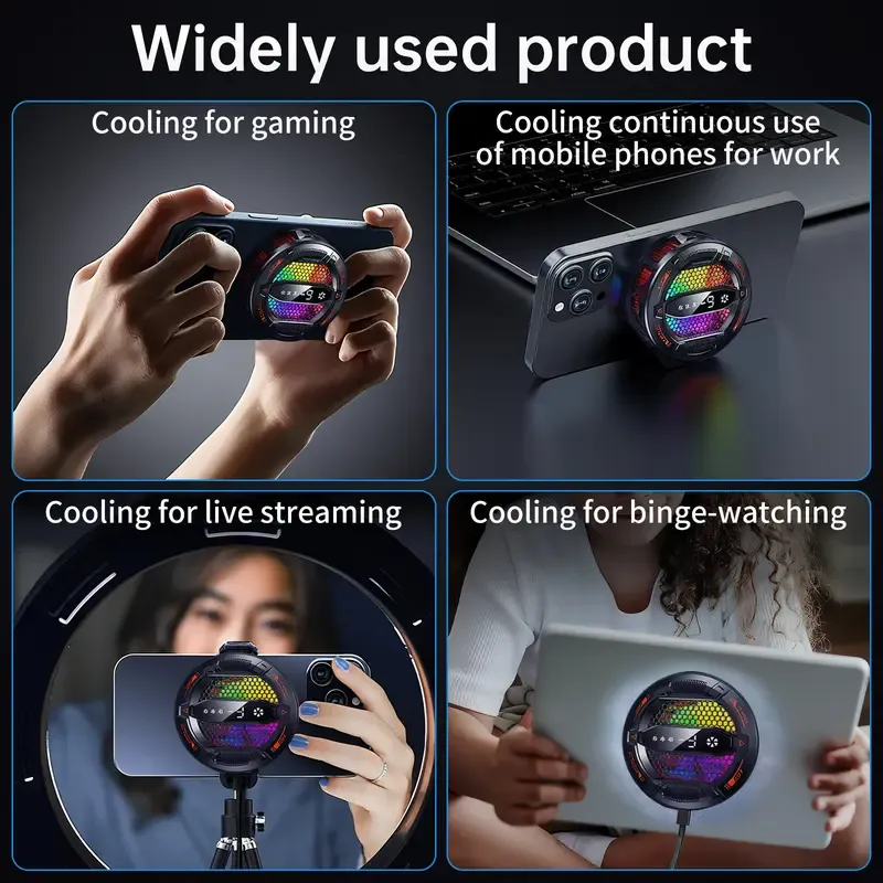 Clip-On Phone Cooler RGB Lights Semiconductor TEC Cooling 3-Speed Smart USB Connectivity for Gamers CODM PUBG Mobile Freefire with Cooling Mode Magnetic Attachment & Silent Fan Helps reduce phone overheating, Designed for extended gaming sessions