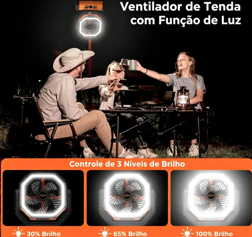Ventilador de Acampamento Recarregável com Luz LED, Ventilador Portátil Multifuncional com Gancho Giratório de 360°, Ventilador de Emergência Oscilante para Acampamento, Sem Fio, Giratório, Alimentado por Bateria, Leve