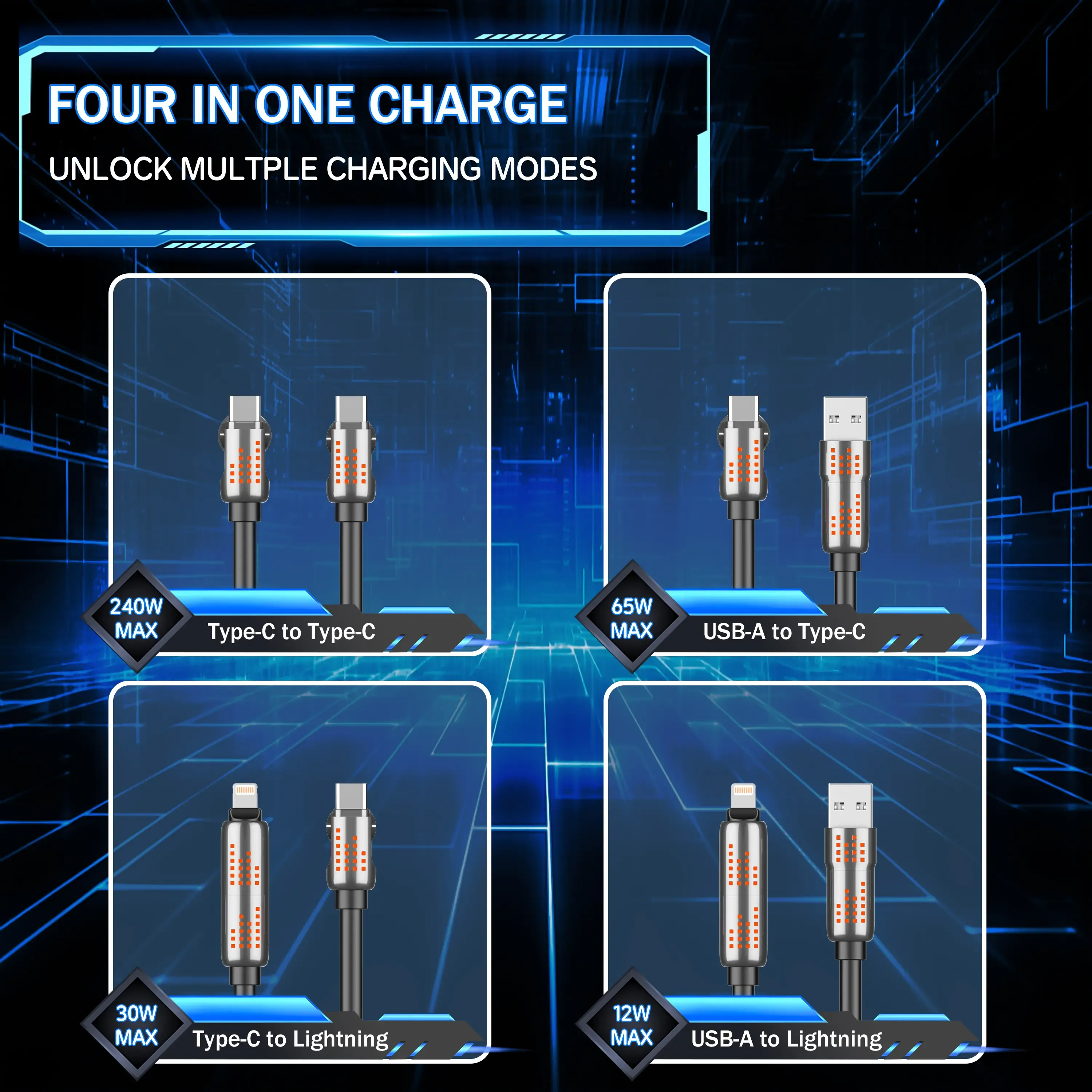 240-watt, 4-in-1 USB-C cable with 5-amp fast charging and data synchronization capabilities. Compatible with USB-A, Type-C, and Lightning ports. Made of aluminum, suitable for iPhone 15 and later models, iPad, Samsung phones, laptops, and various tech gadgets and accessories.