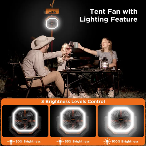 Ventilador de Acampamento Recarregável com Luz LED, Ventilador Portátil Multifuncional com Gancho Giratório de 360°, Ventilador de Emergência Oscilante para Acampamento, Sem Fio, Giratório, Alimentado por Bateria, Leve