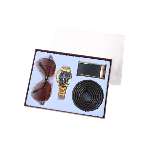 Kit Luxo 4 Peças para Homem - Óculos Aviador,Cinto + Fivela,Relógio Aço Dourado | Conjunto Completo para Look Executivo