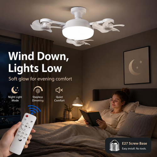 Modern Drone Style Ceiling Light with Foldable Mini Fan Blades, LED Flush Mount Lamp with Remote Control, E27 Socket Fixture for Bedroom Apartment Home