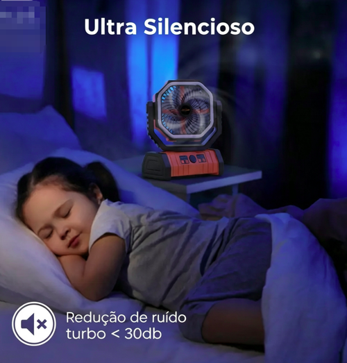 Ventilador de Acampamento Recarregável com Luz LED, Ventilador Portátil Multifuncional com Gancho Giratório de 360°, Ventilador de Emergência Oscilante para Acampamento, Sem Fio, Giratório, Alimentado por Bateria, Leve