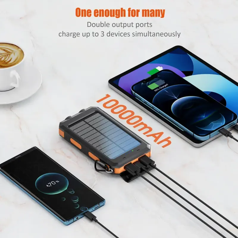 10000mAh Portable Solar Power Bank, Waterproof Solar Phone Charger with LED Light, Dual USB Output Ports, Compatible with iPhone & Android