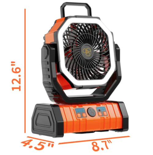 Ventilador de Acampamento Recarregável com Luz LED, Ventilador Portátil Multifuncional com Gancho Giratório de 360°, Ventilador de Emergência Oscilante para Acampamento, Sem Fio, Giratório, Alimentado por Bateria, Leve