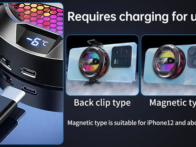 Clip-On Phone Cooler RGB Lights Semiconductor TEC Cooling 3-Speed Smart USB Connectivity for Gamers CODM PUBG Mobile Freefire with Cooling Mode Magnetic Attachment & Silent Fan Helps reduce phone overheating, Designed for extended gaming sessions