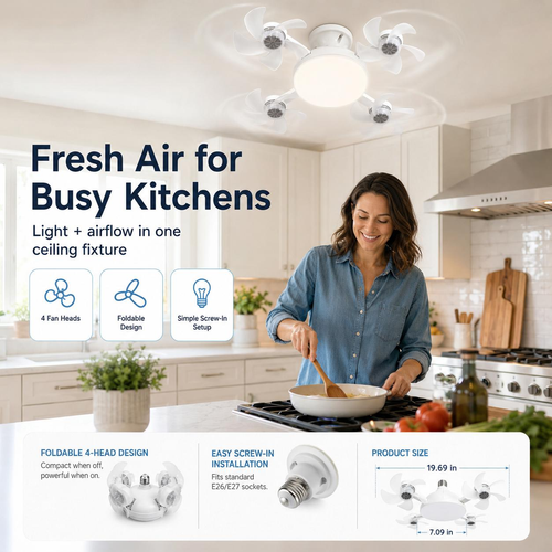Modern Drone Style Ceiling Light with Foldable Mini Fan Blades, LED Flush Mount Lamp with Remote Control, E27 Socket Fixture for Bedroom Apartment Home