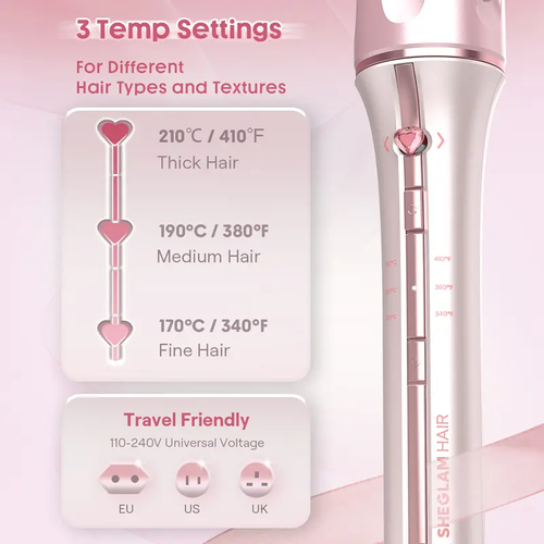 SHEGLAM curler, three temperature settings, dual-direction rotation, compatible with multiple voltages, GlossPro ceramic coating technology for minimal damage to hair, touch-sensitive control, quick curls