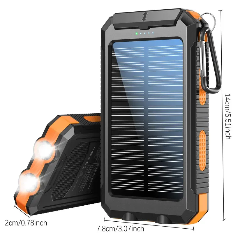 10000mAh Portable Solar Power Bank, Waterproof Solar Phone Charger with LED Light, Dual USB Output Ports, Compatible with iPhone & Android