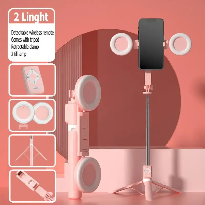 Stretchable selfie stand with Bluetooth remote control, dual light sources, stainless steel base feet, suitable for mobile phone use