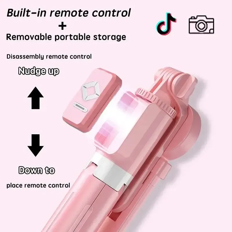 Stretchable selfie stand with Bluetooth remote control, dual light sources, stainless steel base feet, suitable for mobile phone use