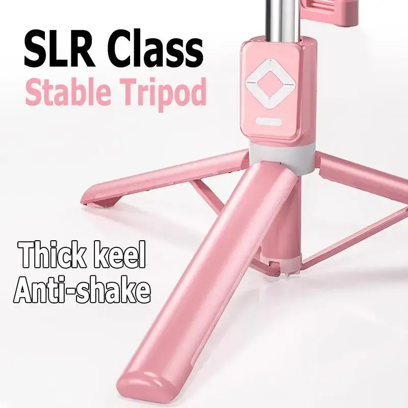 Stretchable selfie stand with Bluetooth remote control, dual light sources, stainless steel base feet, suitable for mobile phone use