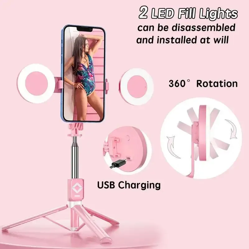 Stretchable selfie stand with Bluetooth remote control, dual light sources, stainless steel base feet, suitable for mobile phone use