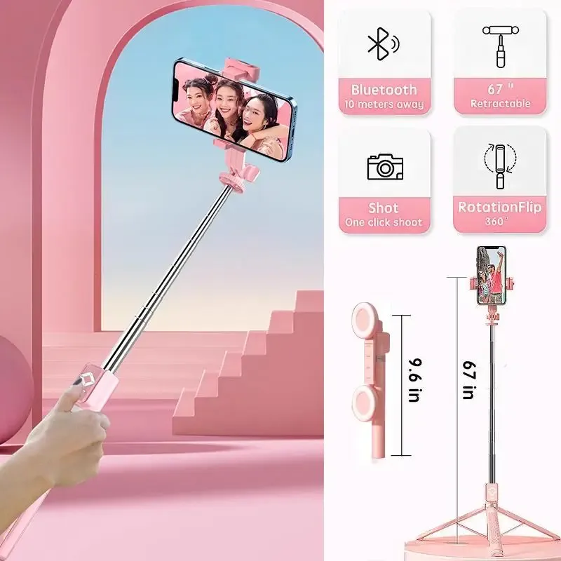 Stretchable selfie stand with Bluetooth remote control, dual light sources, stainless steel base feet, suitable for mobile phone use