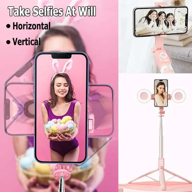Stretchable selfie stand with Bluetooth remote control, dual light sources, stainless steel base feet, suitable for mobile phone use