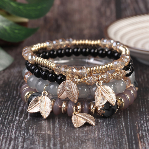 Bohemian Bracelet with Leaf Ethnic Style Pendant, Elastic String Beaded Multi-layer Bracelet