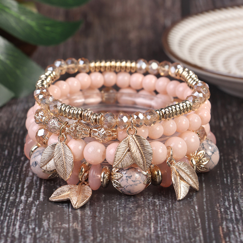 Bohemian Bracelet with Leaf Ethnic Style Pendant, Elastic String Beaded Multi-layer Bracelet