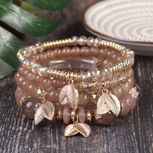 Bohemian Bracelet with Leaf Ethnic Style Pendant, Elastic String Beaded Multi-layer Bracelet