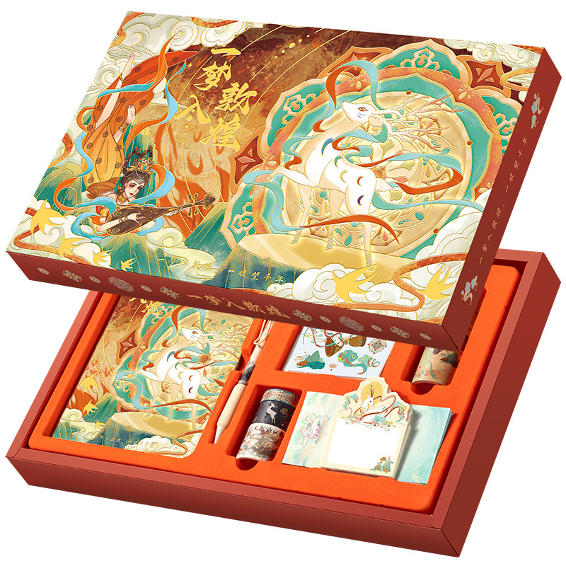 China Vintage Stationery Set Gift Bo Illustration Notebook Gold Foil Washi Tape Ruler Sticky Sticker Full Color Notepad