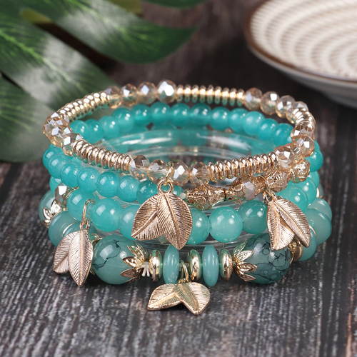 Bohemian Bracelet with Leaf Ethnic Style Pendant, Elastic String Beaded Multi-layer Bracelet