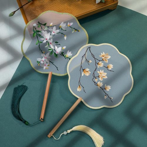 Chinese Cultural Creative Fatingna Hand Fan - Eco-Friendly Vintage Chinese Style Embroidered Bamboo Long Handle, Hanfu Tassel with Painted Angel Pattern