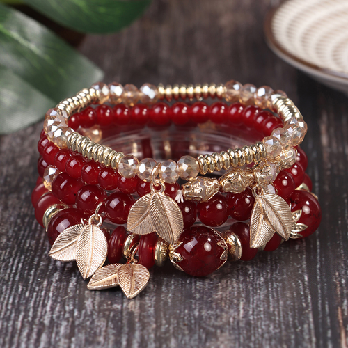 Bohemian Bracelet with Leaf Ethnic Style Pendant, Elastic String Beaded Multi-layer Bracelet