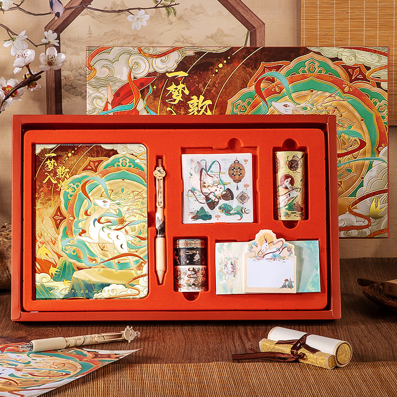 China Vintage Stationery Set Gift Bo Illustration Notebook Gold Foil Washi Tape Ruler Sticky Sticker Full Color Notepad