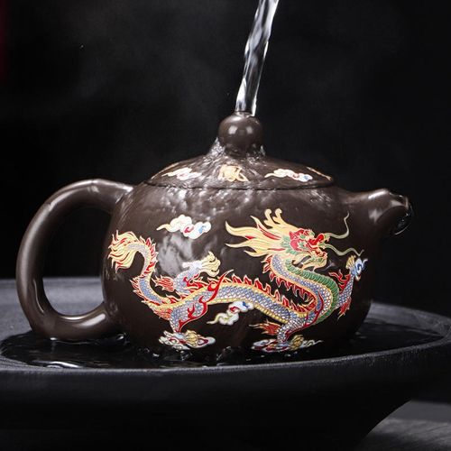 Fengming Handmade Purple Clay Teapot Heat-Color Changing Dragon Phoenix Design Xishi Teapot for One Pot Two Cups Coffee Tea Set