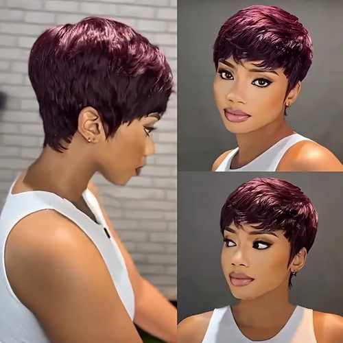 Chic 6-Inch Pixie Cut Wig with Bangs in Vibrant Red 99J Burgundy
