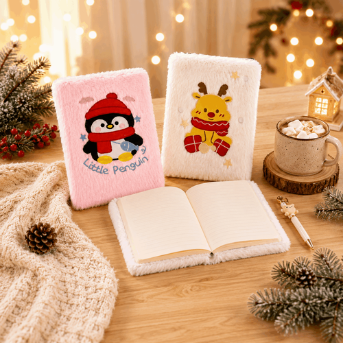 ❄️ Cozy Plush Winter Notebook – Cute Penguin & Reindeer Journal