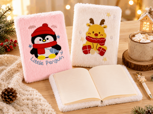 ❄️ Cozy Plush Winter Notebook – Cute Penguin & Reindeer Journal