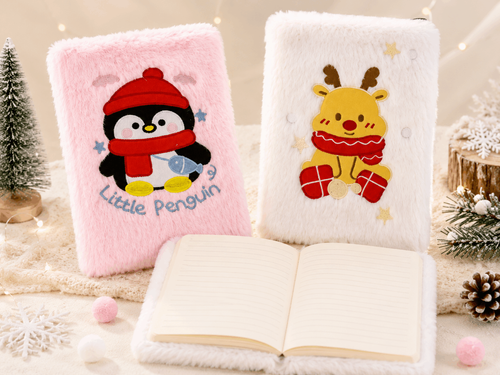 ❄️ Cozy Plush Winter Notebook – Cute Penguin & Reindeer Journal