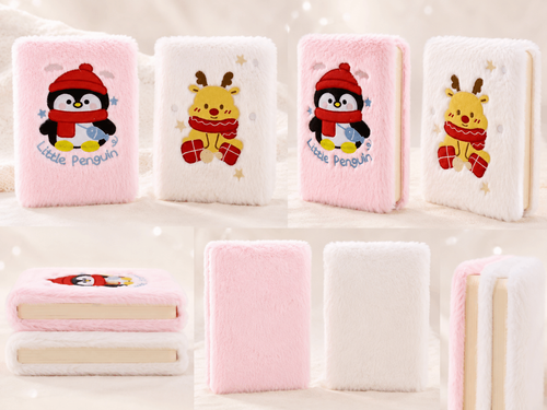 ❄️ Cozy Plush Winter Notebook – Cute Penguin & Reindeer Journal