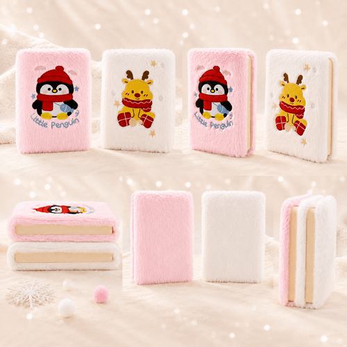 ❄️ Cozy Plush Winter Notebook – Cute Penguin & Reindeer Journal