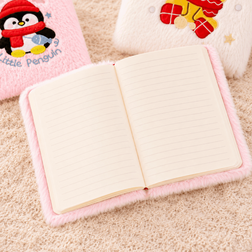 ❄️ Cozy Plush Winter Notebook – Cute Penguin & Reindeer Journal