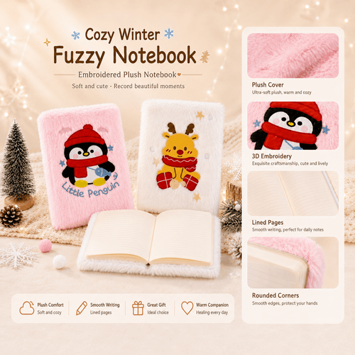 ❄️ Cozy Plush Winter Notebook – Cute Penguin & Reindeer Journal