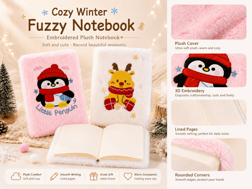 ❄️ Cozy Plush Winter Notebook – Cute Penguin & Reindeer Journal