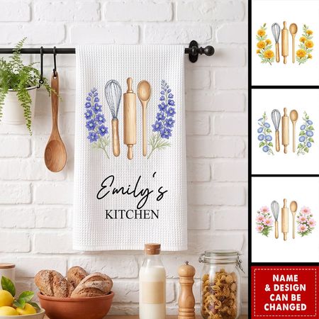 Custom Birth Month Flower With Name Gift For Her, Grandma, Mom - Personalized Kitchen Towel