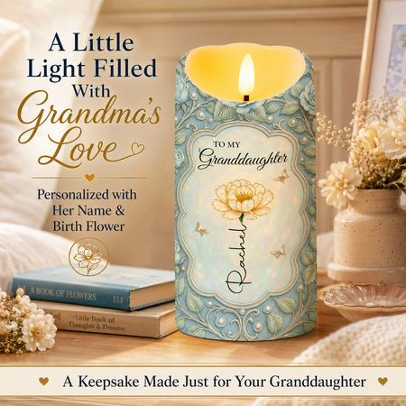 Personalized LED Candle for Granddaughter with Birth Flower & Name – Keep Me in Your Heart Heartfelt Gift from Grandma