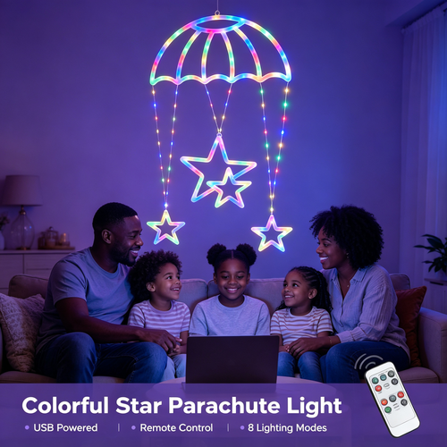 Star Parachute LED Neon Hanging Light, USB Remote Control Colorful Decor Lamp for Home Party Festival
