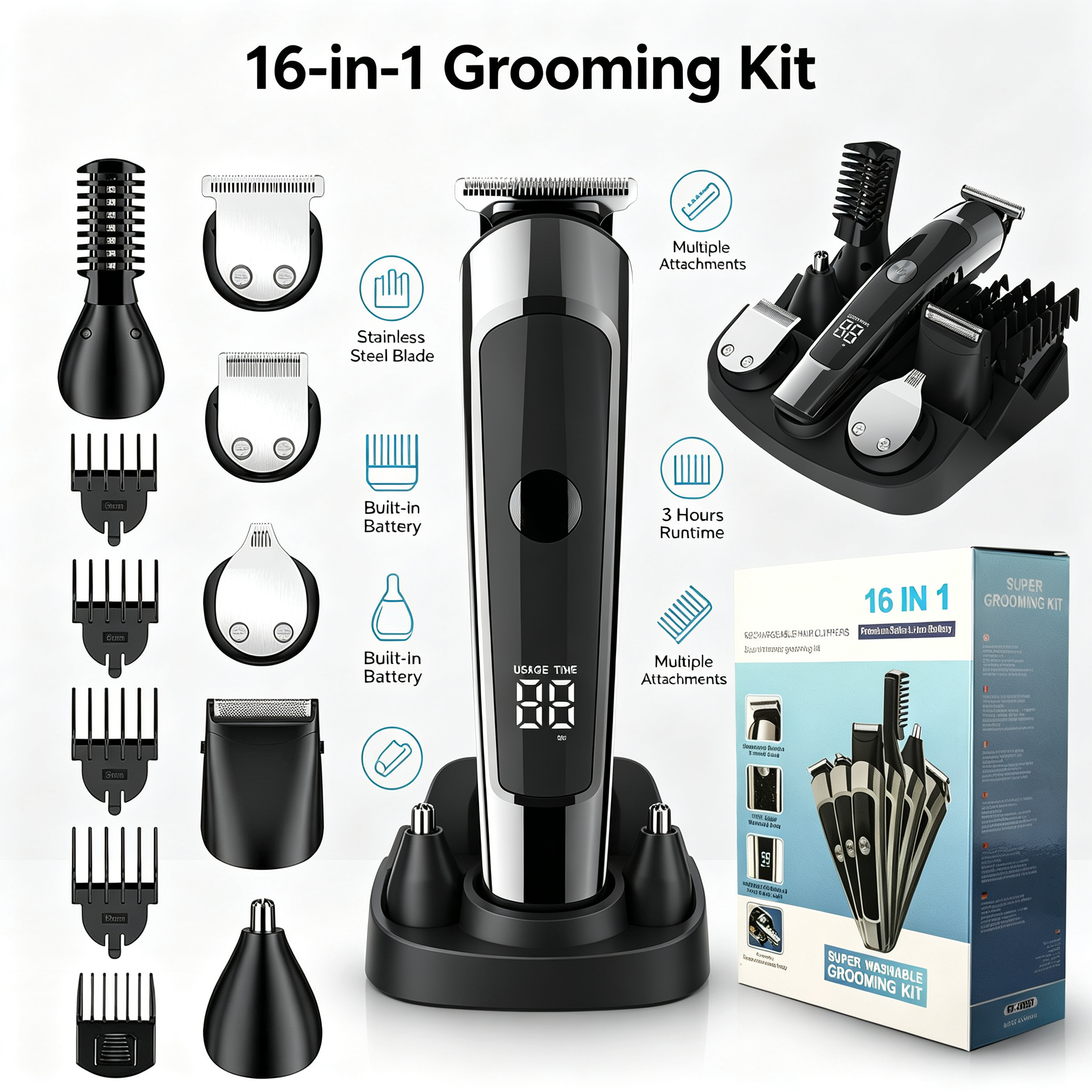 Multi‑Function Men Cordless Hair Clipper Grooming Kit With Charging Storage Base