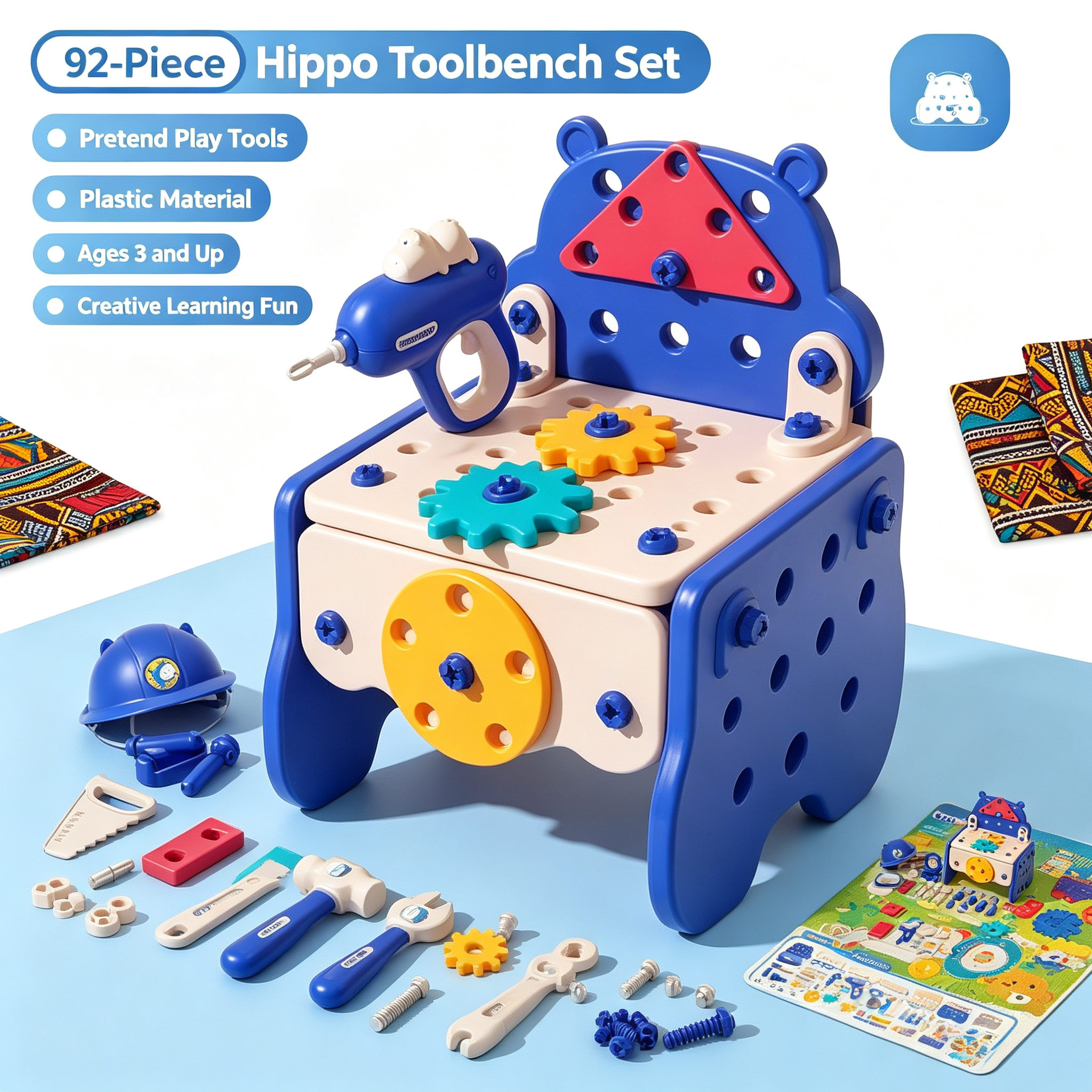 Kids Hippo Tool Bench 92Pcs DIY Building Pretend Play Toy Set