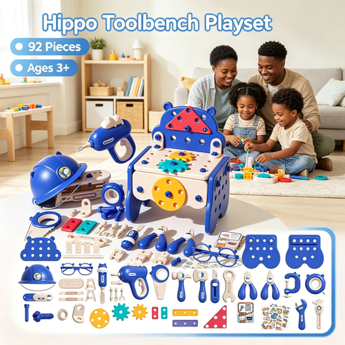 Kids Hippo Tool Bench 92Pcs DIY Building Pretend Play Toy Set