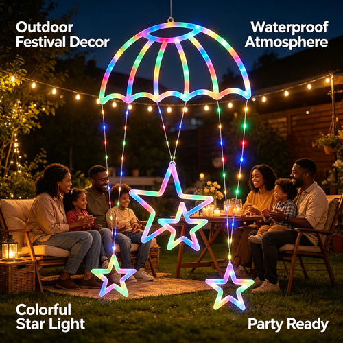 Star Parachute LED Neon Hanging Light, USB Remote Control Colorful Decor Lamp for Home Party Festival