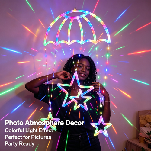 Star Parachute LED Neon Hanging Light, USB Remote Control Colorful Decor Lamp for Home Party Festival