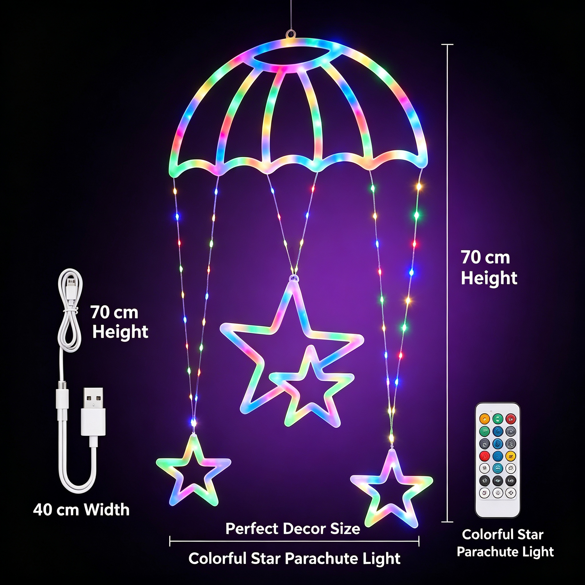 Star Parachute LED Neon Hanging Light, USB Remote Control Colorful Decor Lamp for Home Party Festival